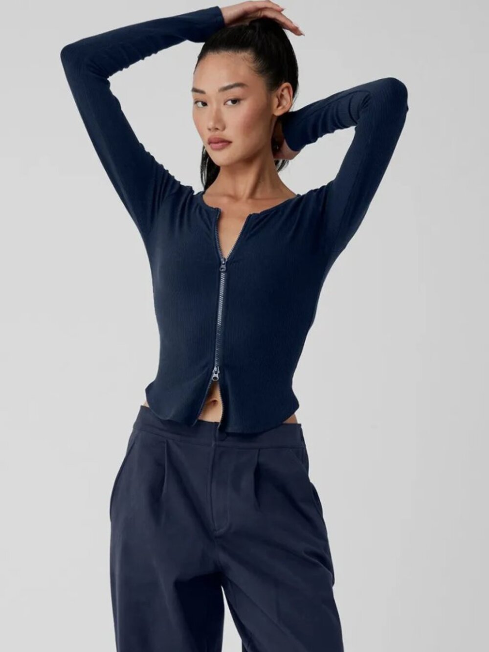 Alo Ribbed Stardust Long Sleeve Jacket Top Navy Blue size medium